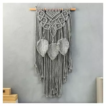 Панно настенное в технике макраме "Ожерелье и листья" серый 60х35 см