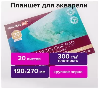 Папка для акварели/планшет, 300 г/м2, 190х270 мм, склейка, крупное зерно, 20 л., Brauberg ART Premiere, 113247