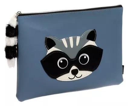 Папка для тетрадей А4 Devente Raccoon, молния сверху, кожзам, серый/голубой