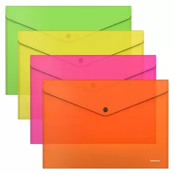 Папка-конверт на кнопке А4, пластиковая, Erichkrause Glossy Neon, полупрозрачная