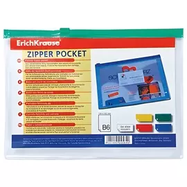 Папка-конверт на молнии малого формата (200х148 мм), В6, зеленая молния, прозрачная, 0,14 мм, Erich Krause, 4564