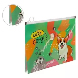 Папка-конверт на молнии ZIP А4, 180 мкм, "Корги", с расширением 2 см