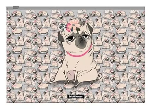 Папка-конверт на Zip-молнии А4, 160 мкм, Erichkrause Chilling Dog, глянцевая, полупрозрачная, с принтом