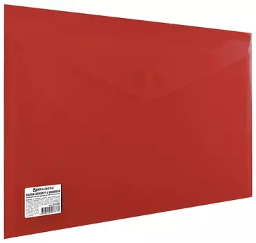 Папка-конверт с кнопкой Brauberg, А4, до 100 листов, непрозрачная, красная, сверхпрочная 0,2 мм, 221364