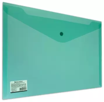 Папка-конверт с кнопкой Brauberg, А4, до 100 листов, прозрачная, зеленая, сверхпрочная 0,18 мм, 224810