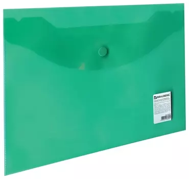 Папка-конверт с кнопкой малого формата (240х190 мм), А5, прозрачная, зеленая, 0,18 мм, Brauberg, 224025