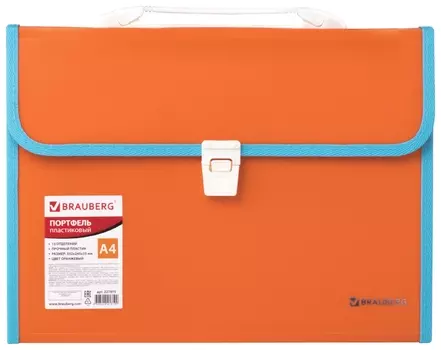 Папка-портфель пластиковая Brauberg "Joy", А4 (330х245х35 мм), 13 отделений, с окантовкой, оранжевая, 227975