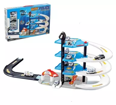 Парковка «Городская полиция», с металлическими машинами и вертолётом