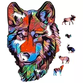 Пазл деревянный "Красочный волк", 110 фигурных деталей, деревянный короб, Fofa, St006, St0061