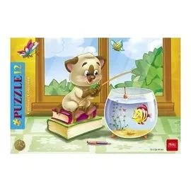 Пазлы "Котенок-рыбак", 12 элементов, в рамке