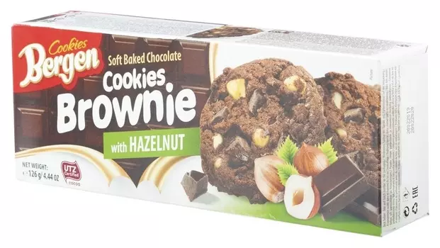 Печенье шоколадное Bergen брауни с кус.шоколада и лесным орехом, 126г