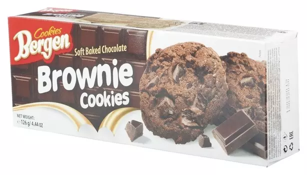 Печенье шоколадное Bergen брауни с кусочками шоколада, 126г