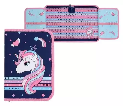 Пенал 1 секция, 140 х 200 х 40 мм, 2 откидные планки, тканевый, "Оникс", ПКТ 09-20"единорожка в звёздах"