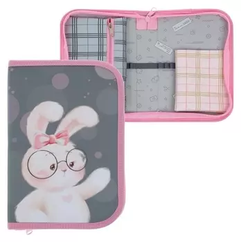 Пенал 1 секция Calligrata, 140 х 210 мм, откидной карман и косметичка, "Зайчик"