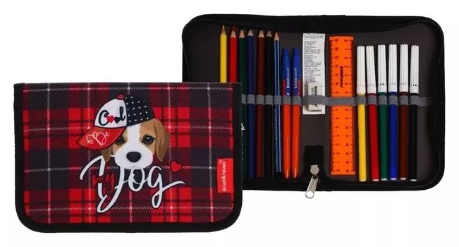 Пенал 1 секция Erich Krause Cute Dog, 135 х 205 х 30 мм, с наполнением, 18 предметов
