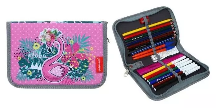 Пенал 1 секция Erich Krause Rose Flamingo, 135 х 205 х 30 мм, с наполнением, 18 предметов