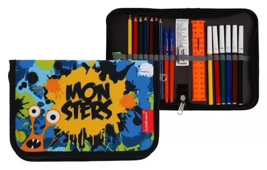 Пенал 1 секция Erichkrause, 135 х 205 мм, с наполнением, ткань, 18 предметов, Monsters, синий