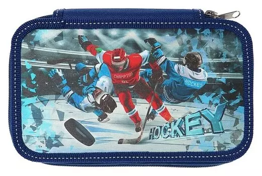 Пенал 3 секции металлизированный для мальчика Хоккеисты