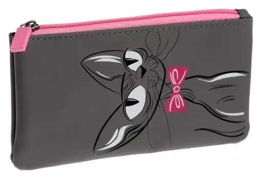 Пенал мягкий 1 отд. плоский 100*200 феникс кож.зам "Кот в бабочке" дев серый/роз 58401