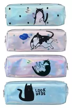 Пенал школьный на молнии голографический "Кот"