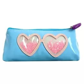 Пенал школьный, на молнии "Очки с блестками", голубой
