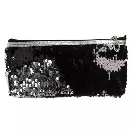 Пенал школьный, на молнии "Пайетки" двухцветные, черно-серебристый