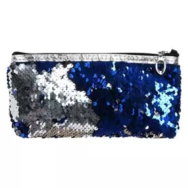 Пенал школьный, на молнии "Пайетки" двухцветные, сине-серебристые