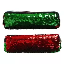 Пенал школьный, на молнии "Пайетки" двухцветные, зелено-красные