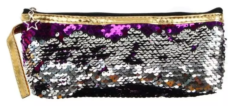Пенал школьный, на молнии "Пайетки" двухцветный фиолетово-серебристый, с ручкой