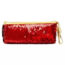 Пенал школьный на молнии "Пайетки", двухцветный, красно-золотистый, с ручкой