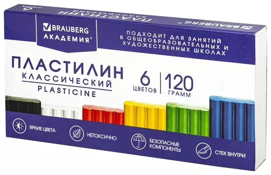 Пластилин классический Brauberg "Академия хит", 6 цветов, 120 г, стек, высшее качество, 106440