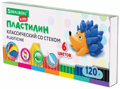 Пластилин классический Brauberg "Kids", 6 цветов, 120 г, стек, высшее качество, 106435