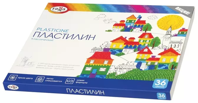 Пластилин классический ГАММА "Классический", 36 цветов, со стеком, картонная упаковка