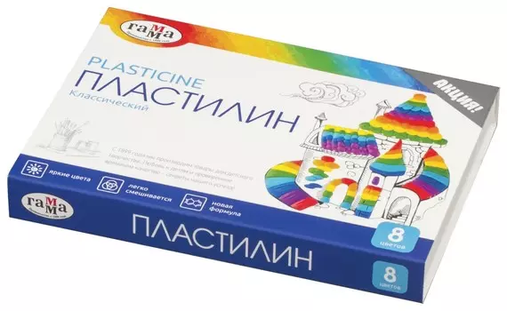 Пластилин классический "Классический", 8 цветов, со стеком