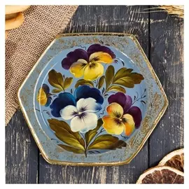 Поднос жостовский "Анютины глазки", угловой, D=15 см
