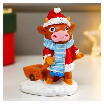 Подсвечник "Бычок в новогоднем кафтане с тележкой"