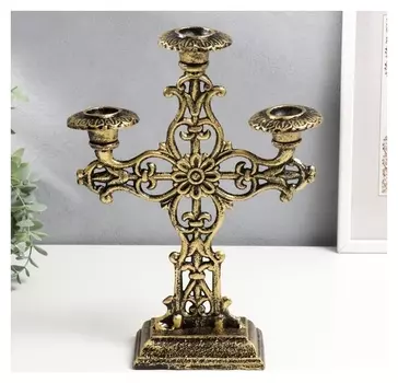 Подсвечник чугун на 3 свечи "Кельт" золотая патина 33х9х24 см