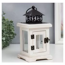 Подсвечник дерево на 1 свечу "Фонарь с дверцей" белый состаренный 22х12х12 см