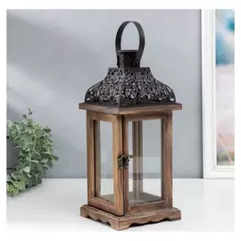 Подсвечник дерево на 1 свечу "Фонарь с резной крышей" темно-коричневый 33х14,5х14,5 см