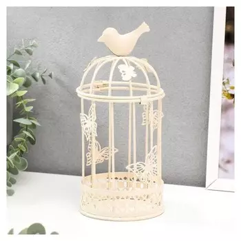 Подсвечник металл 1 свеча "Птица и клетка с бабочками" белый 21,5х10х10 см