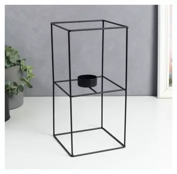 Подсвечник металл на 1 свечу "Лофт. прямоугольник из кубов" чёрный 26х12,5х12,5 см