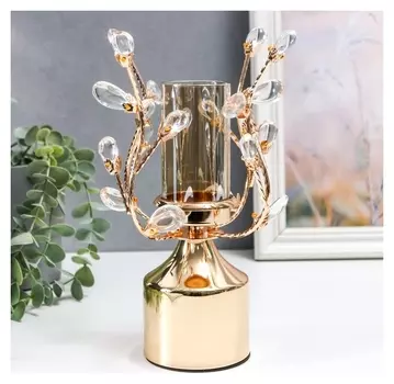 Подсвечник металл на 1 свечу "Веточки с кристаллами. колонна" золото 25х15х15 см