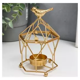Подсвечник металл на 1 свечу "Золотая клетка-фонарь с птицей" 14х9х9 см