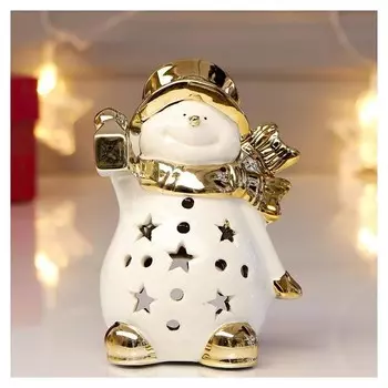 Подсвечник "Снеговик в шляпе и шарфе с фонариком" 12х6,5х8,5 см