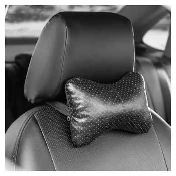 Подушка автомобильная косточка, на подголовник, экокожа перфорированная, черный 18х26 см