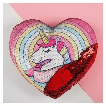 Подушка сердце Единорог двусторонние пайетки