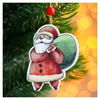 Подвеска новогодняя деревянная «Дед мороз с подарками» 0,5×5,5×7,7 см