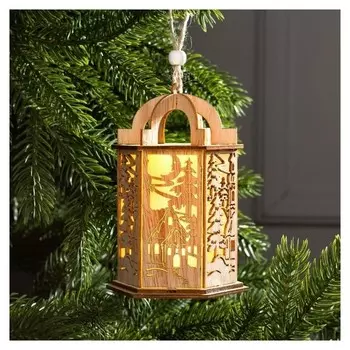 Подвеска световая "Фонарь с новогодним домиком", 13х9х9, Lr1130*3, т/белый