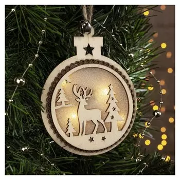 Подвеска световая "Шарик и олени", 11х10х1 см, 4 Led, бат.(В комп), т/белый