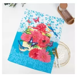 Полотенце 45х60 см, герберы, бирюза, вафля, 160 гр/м2, хлопок 100%